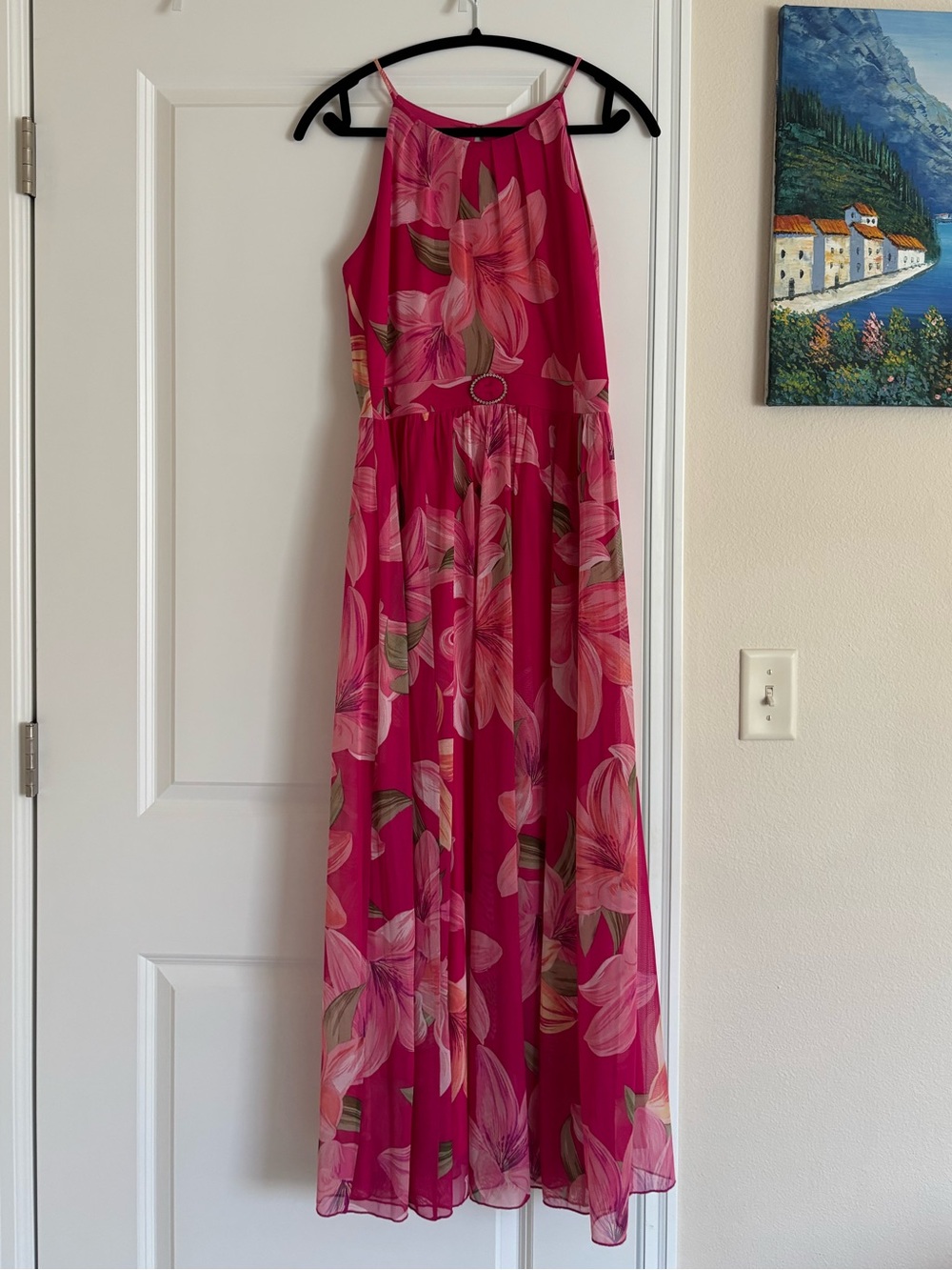 Fuchsia Floral Halter Maxi Dress with Waist Ring
